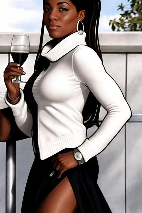 <lora:lanaKaneArcher_v10:0.8>,black female spy lana standing on a rooftop,white sweater and skirt