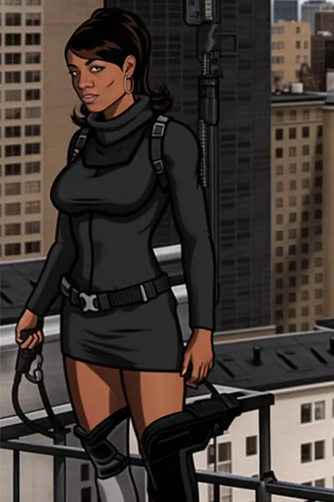 <lora:lanaKaneArcher_v10:0.8>,black female spy lana standing on a rooftop,