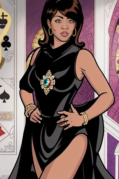 <lora:lanaKaneArcher_v10:0.8>,black female spy lana wearing a gala dress,dangerhawk,casino background,animation film still,cartoon,