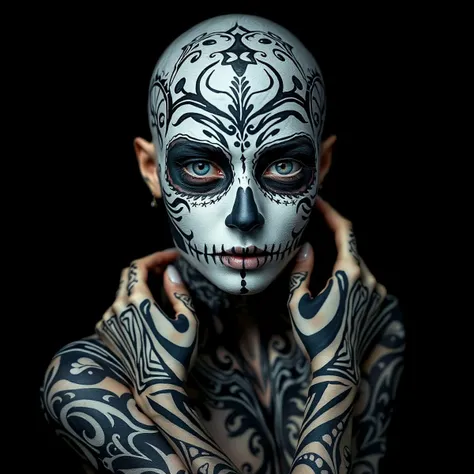 beautiful bald, European woman, she is painted with white and black tribal design covering her entire body and head, portrait, looking at viewer, dark oled black background , her skin and head is completely covered in an intricate tribal design. day of the dead skull design on her face. abnormally bright blue eyes, full body demure pose