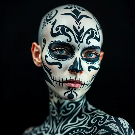 beautiful bald, European  woman, she is painted with white and black tribal design covering her entire body and head,  portrait, looking at viewer, dark oled black background  , her skin and head is completely covered in an intricate tribal design. day of the dead skull design on her face. abnormally bright blue eyes, full body demure pose