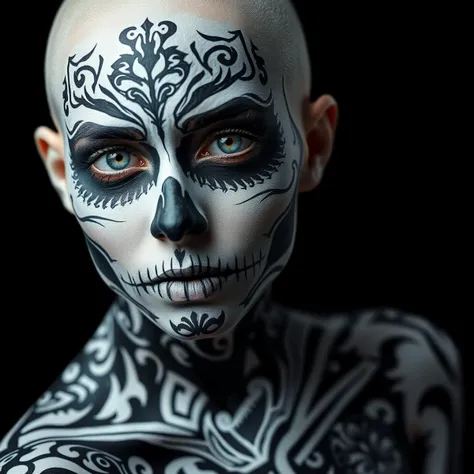 beautiful bald, European woman, she is painted with white and black tribal design covering her entire body and head, portrait, looking at viewer, dark oled black background , her skin and head is completely covered in an intricate tribal design. day of the dead skull design on her face. abnormally bright blue eyes, full body demure pose