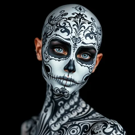 beautiful bald, European  woman, she is painted with white and black tribal design covering her entire body and head,  portrait, looking at viewer, dark oled black background  , her skin and head is completely covered in an intricate tribal design. day of the dead skull design on her face. abnormally bright blue eyes, full body demure pose