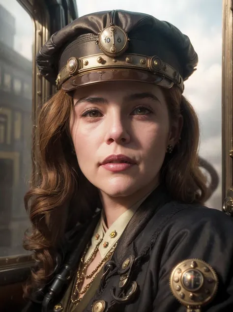 oil painting of z0ey,vintage hair,sitting in a train,steampunk setting,(close-up),cloudy,volumetric fog,city street,(masterpiece:1.0), (best quality:1.0), (intricate details), flash photography