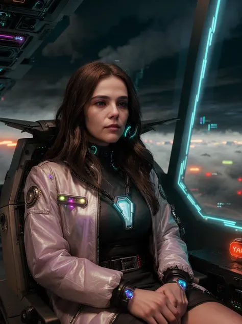raw photo of z0ey,brown long hair,sitting in a futuristic airplane,wearing a cyberpunk dress,cyberpunk setting,(close-up),cloudy,volumetric fog,city street,(masterpiece:1.0), (best quality:1.0), (intricate details), flash photography