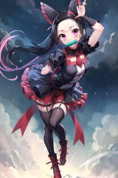kamado nezuko bit gag <lora:kamado_nezuko_offset:0.8>,  <lora:rm_clothing_v3-01 (10):0.8> rm_clothing, dress,thighhighs,1girl,solo,full body