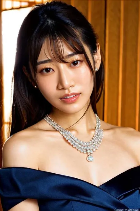 (photorealistic) and (realistic) and detailed skin textures and detailed skin pores and high skin detail <lora:æ²³åå½©è±saikakawakita01V1:1>  a Japanese woman named saikakawakita01 and (Wearing a beautiful dress) ,Off the shoulders,necklaces, jewelry