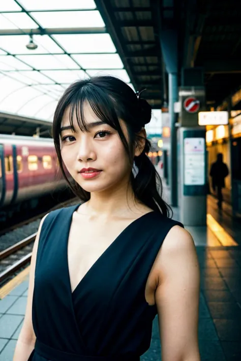 best quality and best aesthetic,photo of a japanese woman named saikakawakita01 <lora:saikakawakita01V1:0.85>,Look at the camera and smile naturally,wearing a dress,blunt bangs,(makeup,eyeshadow),eyelash,upper body,detailed face, detailed facial features,detailed eyes,face,looking at viewer,Outdoor,train station background, Fujifilm XT3,film still,film grain,cinematic <lyco:film grainV3:0.4>