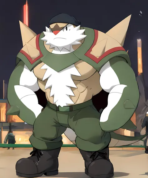 chesnaught, standing, (forest):0.75, (black bandana, camo pants, olive shirt, olive boots):1.1, (muscular):1.1, smiling <lora:Chesnaught-15:0.85>