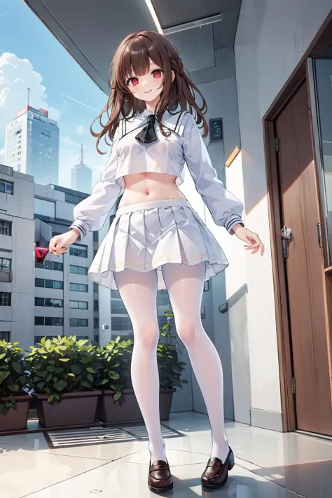 1girl,solo, <lora:Aoi2:0.4>aoisan,red eyes,brown hair,smile,full body, 
 <lora:JanusSchoolUniformV1:1>school uniform, white serafuku, long sleeves, white skirt, white pantyhose, crop top,underboob, 
standing, from below, balcony, cityscape, indoors,