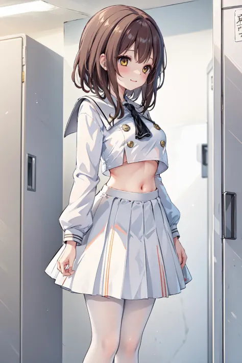 1girl,solo,<lora:akiko2:0.7>,akiko,hair ornament, brown hair, yellow eyes,smile,
full body,
shy,blush,large breasts,
<lora:JanusSchoolUniformV1:1>school uniform, white serafuku, long sleeves, white skirt, white pantyhose, crop top overhang,underboobã
standing, from side, locker room,