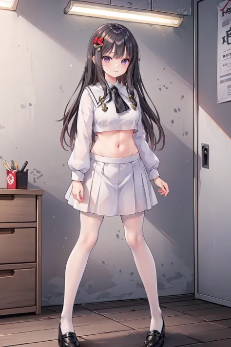 1girl,solo,<lora:rin2:0.5>,rina,hair ornament, purple eyes,smile,
 full body, 
shy,blush,large breasts, 
 <lora:JanusSchoolUniformV1:1>white serafuku, long sleeves, white skirt, white pantyhose, crop top overhang,underboobã
standing,  locker room,