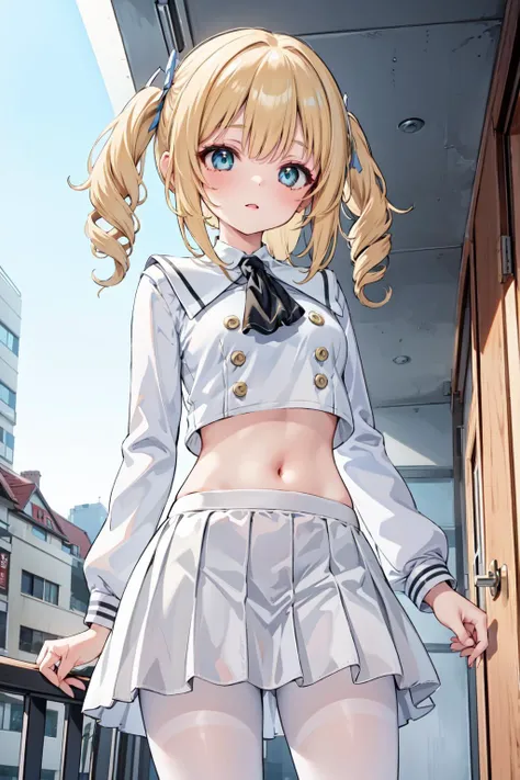 1girl,solo, <lora:barbaraswimV1:0.5> blonde hair, twintails, twin drills, medium hair, blue eyes,small breasts,
<lora:JanusSchoolUniformV1:1>school uniform, white serafuku, long sleeves, white skirt, white pantyhose, crop top
standing, from below, balcony, cityscape, indoors,