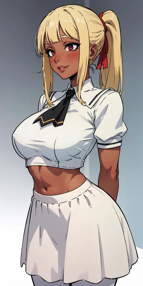 (masterpiece, best quality, perfect hourglass figure, wide waist, blush), busty, portrait, perfect face, flawless eyes, empty gradient background, beautiful lips, full lips, <lora:add_detail:-0.2>, (arms behind back), cowboy shot, <lora:sanpaku-eyes-v2:0.8> , sanpaku, round pupils, red eyes, wide smile, huge breasts, sagging breasts, blond hair, long ponytail, eyeliner, lipstick, <lora:Dskin_v1.0:0.2> , tan, dark skin, brown skin, <lora:concave:0.8> , concave bangs, <lora:CostumeJanusSchoolUniformV1:0.8> , white serafuku, double-breasted, crop top, white skirt, white pantyhose, bimbo