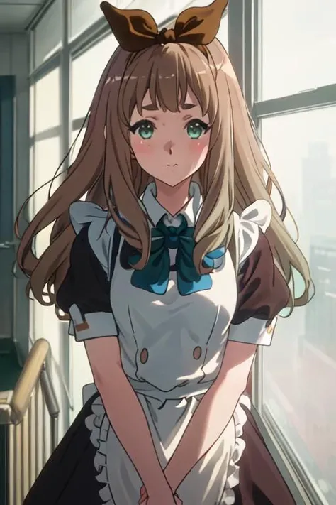 best quality, masterpiece, highres, solo, {maid:1.40}, {long maid dress:1.15}, {yoshikawa_yuko_soundeuphonium:1.15}, long_hair, ribbon, brown_hair, hair_ribbon, serafuku, green_eyes, blush, bangs, closed_mouth, bow, yellow_ribbon, hair_bow, blonde_hair