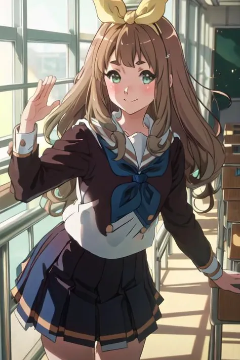 best quality, masterpiece, highres, solo, {yoshikawa_yuko_soundeuphonium:1.15}, long_hair, ribbon, brown_hair, hair_ribbon, serafuku, green_eyes, blush, bangs, closed_mouth, bow, yellow_ribbon, hair_bow, blonde_hair, 1girl, blue_neckerchief, brown_shirt, brown_skirt, kitauji_high_school_uniform, neckerchief, pleated_skirt, sailor_collar, school_uniform, shirt, skirt, white_sailor_collar, long_sleeves, standing, smile, looking_at_viewer