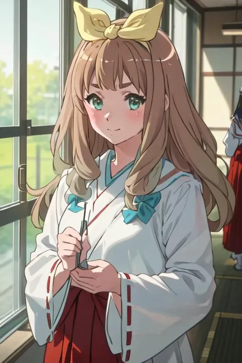 best quality, masterpiece, highres, solo, {white kimono:1.35}, {red hakama:1.35}, {wide sleeves:1.20}, {yoshikawa_yuko_soundeuphonium:1.15}, long_hair, ribbon, brown_hair, hair_ribbon, serafuku, green_eyes, blush, bangs, closed_mouth, bow, yellow_ribbon, hair_bow, blonde_hair
