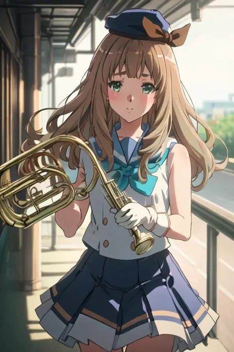 best quality, masterpiece, highres, solo, {yoshikawa_yuko_soundeuphonium:1.15}, long_hair, ribbon, brown_hair, hair_ribbon, serafuku, green_eyes, blush, bangs, closed_mouth, bow, yellow_ribbon, hair_bow, blonde_hair, band_uniform, blurry, hat, instrument, outdoors, shako_cap, solo_focus, trumpet, 1girl, blue_headwear, blurry_background, depth_of_field, gloves, holding, holding_instrument, playing_instrument, sleeveless, white_gloves, elbow_gloves, music, tree, multiple_girls, skirt, standing, sweatdrop