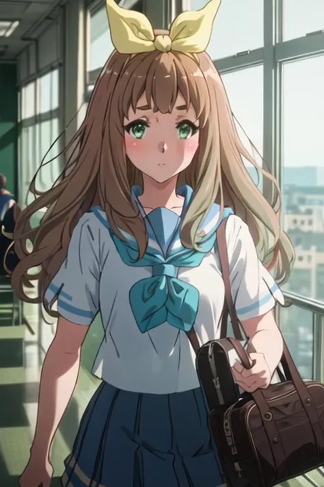 best quality, masterpiece, highres, solo, {yoshikawa_yuko_soundeuphonium:1.15}, long_hair, ribbon, brown_hair, hair_ribbon, serafuku, green_eyes, blush, bangs, closed_mouth, bow, yellow_ribbon, hair_bow, blonde_hair, 1girl, blue_neckerchief, blue_sailor_collar, indoors, kitauji_high_school_uniform, neckerchief, sailor_collar, school_uniform, shirt, short_sleeves, white_shirt, bag, blue_skirt, looking_at_viewer, skirt, holding, window, holding_bag, pleated_skirt, school_bag, standing