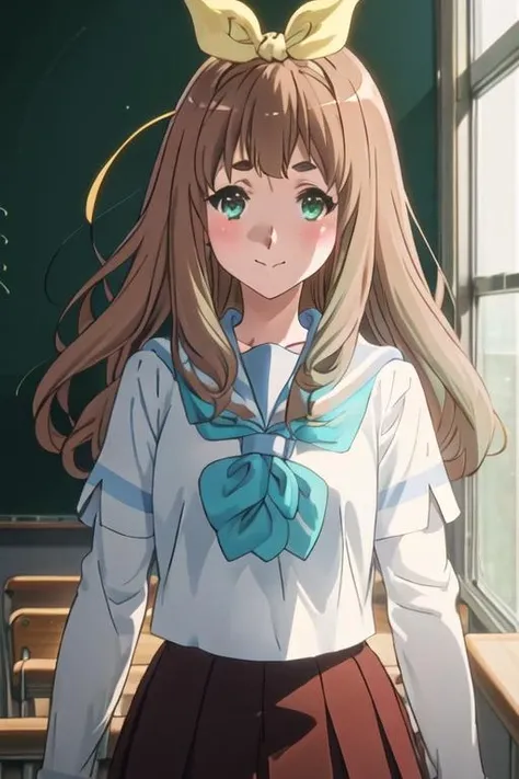 best quality, masterpiece, highres, solo, {yoshikawa_yuko_soundeuphonium:1.15}, long_hair, ribbon, brown_hair, hair_ribbon, serafuku, green_eyes, blush, bangs, closed_mouth, bow, yellow_ribbon, hair_bow, blonde_hair, 1girl, blue_neckerchief, brown_shirt, indoors, kitauji_high_school_uniform, long_sleeves, neckerchief, sailor_collar, school_uniform, smile, white_sailor_collar, brown_skirt, pleated_skirt, shirt, skirt, chalkboard