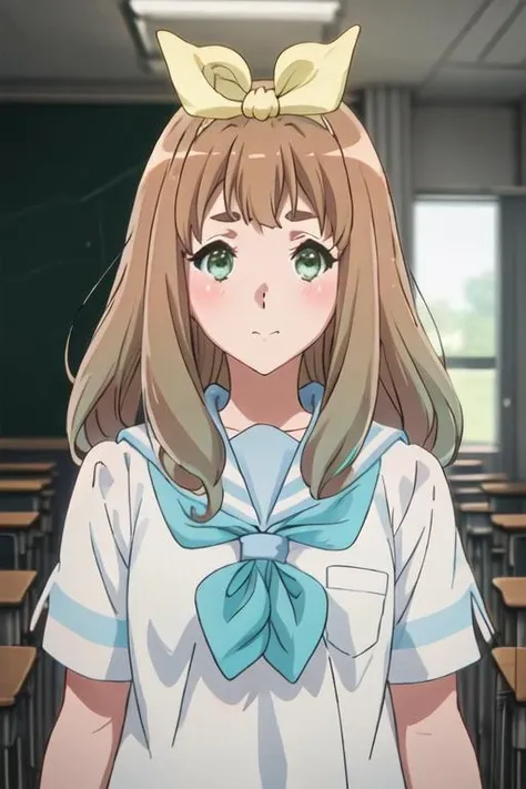 best quality, masterpiece, highres, solo, {yoshikawa_yuko_soundeuphonium:1.15}, long_hair, ribbon, brown_hair, hair_ribbon, serafuku, green_eyes, blush, bangs, closed_mouth, bow, yellow_ribbon, hair_bow, blonde_hair, 1girl, blue_sailor_collar, kitauji_high_school_uniform, looking_at_viewer, neckerchief, sailor_collar, school_uniform, shirt, white_shirt, blue_neckerchief, blurry, blurry_background, indoors, short_sleeves, window