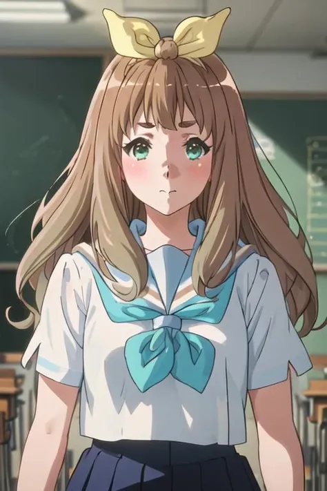 best quality, masterpiece, highres, solo, {yoshikawa_yuko_soundeuphonium:1.15}, long_hair, ribbon, brown_hair, hair_ribbon, serafuku, green_eyes, blush, bangs, closed_mouth, bow, yellow_ribbon, hair_bow, blonde_hair, 1girl, blurry_background, brown_shirt, indoors, kitauji_high_school_uniform, sailor_collar, school_uniform, shirt, white_sailor_collar, blurry, neckerchief, looking_at_viewer, blue_neckerchief