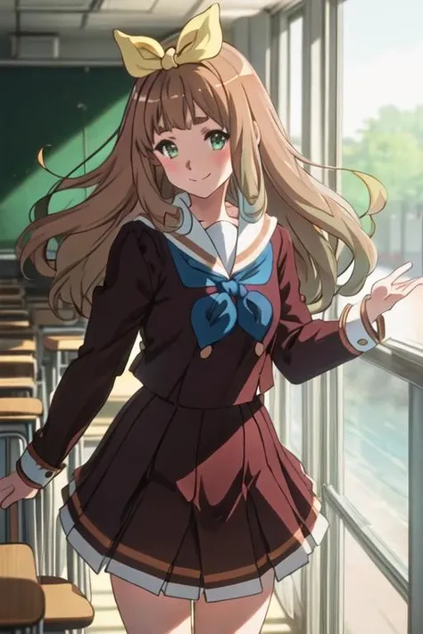 best quality, masterpiece, highres, solo, {yoshikawa_yuko_soundeuphonium:1.15}, long_hair, ribbon, brown_hair, hair_ribbon, serafuku, green_eyes, blush, bangs, closed_mouth, bow, yellow_ribbon, hair_bow, blonde_hair, 1girl, brown_shirt, kitauji_high_school_uniform, neckerchief, sailor_collar, school_uniform, white_sailor_collar, shirt, smile, blue_neckerchief, long_sleeves