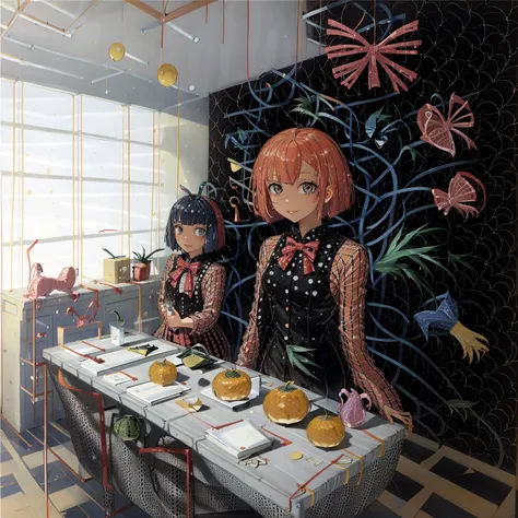 1girl,solo,cherry,food,bow,hairornament,fruit,hairbow,choker,ponytail,lookingatviewer,jewelry,earrings,strawberry,blueeyes,frills,hairclip,blondehair,bandaid,longhair,icecream,bangs,upperbody,nailpolish,xhairornament,table,redbow,sleeveless,englishtext,sitting,rednails,mouthhold,spoon,blurry,plaid,heart,<lora:Yayoi Kusama-000018:0.9>,