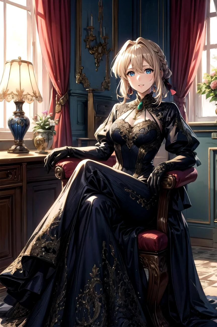 (masterpiece, best quality, detailed), 1girl, solo, looking at viewer, violet evergarden, braid, hair ribbon, red ribbon, jewelry, brooch,
<lora:wrenchelegadome:0.8>, wrenchelegadome, black dress, layered dress, long dress, indoors, window, curtains, armchair, lamp, vase, tile floor, sitting, crossed legs, smile, parted lips, black gloves
