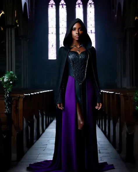 gorgeous black woman,
long braided hair,
large blue eyes, beautiful eyes,
beautiful face, chiseled jaw,
dark skin, muscular body,
standing in a gothic church, night photo, low light, dark, whole body visible, full body,
masterpiece, very detailed, high quality, realistic,
<lora:wrenchshadowshroud-000009:1> wrenchshadowshroud, gown, purple dress, hood, cloak,