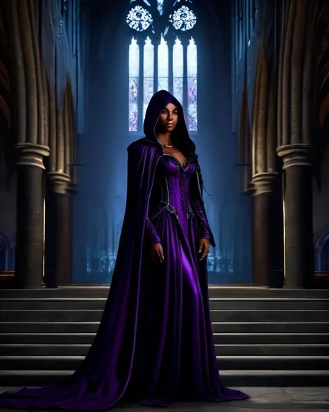 gorgeous black woman,
long braided hair,
large blue eyes, beautiful eyes,
beautiful face, chiseled jaw,
dark skin, muscular body,
standing in a gothic church, night photo, low light, dark, whole body visible, full body,
masterpiece, very detailed, high quality, realistic,
<lora:wrenchshadowshroud-000009:1> wrenchshadowshroud, gown, purple dress, hood, cloak,
