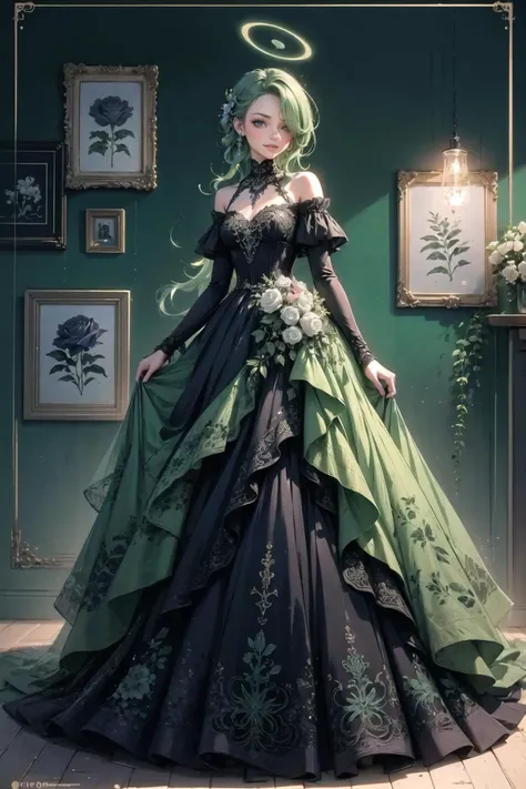 <lora:wrenchelegadome:1>, wrenchelegadome, 1girl, black dress, <lora:BAMina:0.85>, m1na, long hair, green hair, halo, red eyes, braid, hair over one eye, light smile, flower, rose, hair flower, jewelry, full body, flower mural
