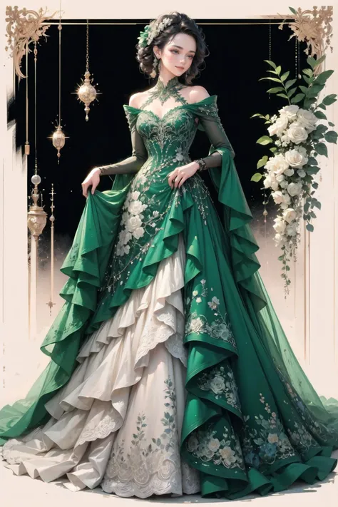 <lora:wrenchelegadome:1>, wrenchelegadome, 1girl, black dress, light smile, flower, rose, hair flower, jewelry, full body, flower mural, (clothes lift:1.2),