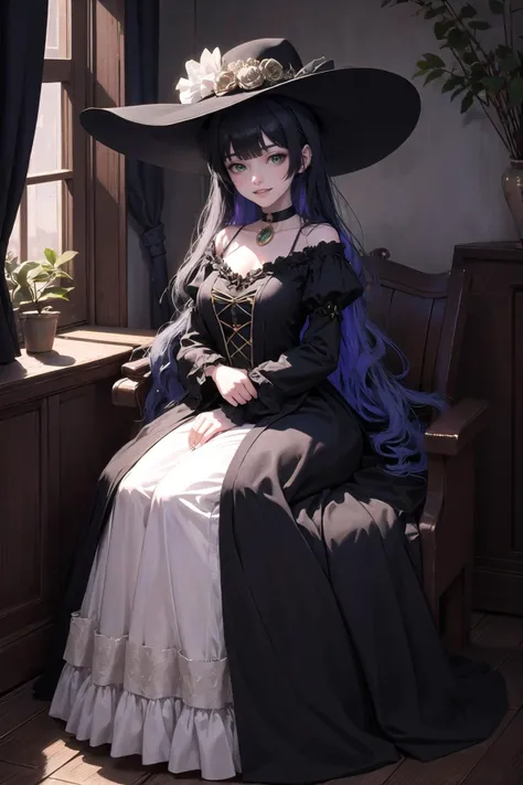 <lora:wrenchrococodome:1>, wrenchrococodome, hat, hat ornament, <lora:pa san by Goofy Ai:1>, pa san, green eyes, long hair, black choker, hime cut, full body, evil grin, jewelry, crossed arms,