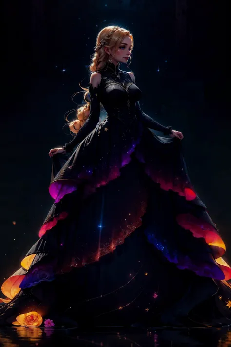 1girl, blonde hair, braid, flower, smile, full body, wrenchfaeflare, glowing, embroidery, accessories, jewelry, reflection, refraction, multicolored dress, pinstripe pattern, night sky, starry sky, star \(sky\), multicolored clothes, spiral, (black dress:1.2),  (masterpiece, best quality, ultra-detailed:1.2), medium breasts  <lora:tools/epiNoiseoffset_v2> <lora:outfits/wrench1815_arc_en_gowns_faeflare> <lora:body/GoodHands-beta2>