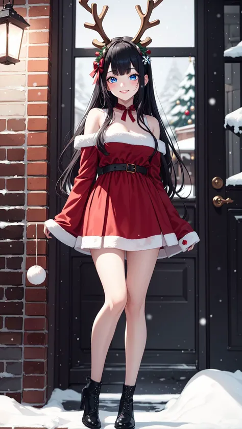 ultra detailed, sharp focus, best quality, masterpiece, pastel colors, dynamic lighting, <lora:Shiba MiyukiV1:0.8>, siboshenxie,1girl,black hair,long hair,solo,blunt bangs,snowflake hair ornament,yellow x hair ornament,black eyes,blue eyes, (blush), smile, <lora:add_detail:0.8>, (full body), BREAK, <lora:wrenchsjoyfuljingle:1>, wrenchsjoyfuljingle, gown, reindeer antlers, jewelry, red dress, christmas lights, christmas wreath, snowing,