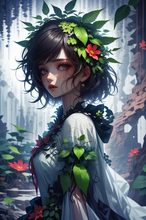 (Acclaimed Photo:1.3) of (Sketched:1.3) <lora:wrenchleafloom:0.8> wrenchleafloom, gown, leaf, 1 woman, dress, vegetation,Highly Detailed,(close portrait:1.3),(Feminine:1.4),(beautiful:1.4),(attractive:1.3),handsome,calendar pose,perfectly detailed eyes,studio lighting,thematic background, <lora:LCM_LoRA_Weights_SD15:1>