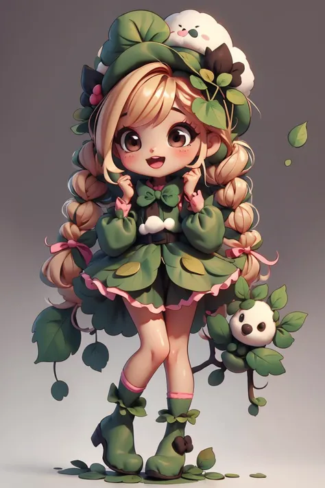masterpiece, best quality, 8k, cinematic light, ultra high res, chibi, 1girl, hat, pink bow, bow, smile, open mouth, blonde hair, long hair, braid, solo, long sleeves, stuffed bunny, stuffed toy, white headwear, wrenchleafloom, stuffed animal, twin braids, rabbit, animal ears, socks, bangs, full body, standing, brown eyes, pink bowtie, puffy long sleeves, hair bow, rabbit ears, beret, puffy sleeves, leaf, <lora:wrenchleafloom:1>, <lora:chibi:1>