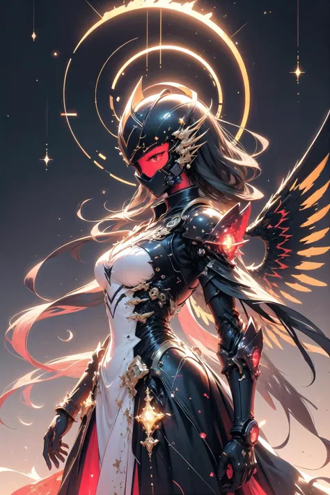 <lora:wrenchsmechs:1>, wrenchsmechs, 1girl, glowing, black mecha, wings, halo, long hair, mechanical wings, <lora:wrenchfaeflare:0.8>, wrenchfaeflare, glowing, embroidery, accessories, jewelry, reflection, refraction, red dress, pinstripe pattern, night sky, starry sky, star \(sky\), (cowboy shot:1.2), (close-up:1.1), helmet,