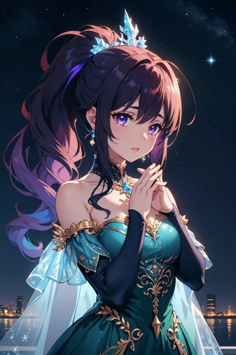 masterpiece, best quality,  <lora:wrenchfaeflare:1.0> wrenchfaeflare, glowing, embroidery, accessories, jewelry, reflection, refraction, green dress, long dress, ballgown, iridescent, night sky, starry sky, star \(sky\), 1girl, purple hair, ponytail, garden, ice rink, winter, filigree, fractal patterns, snowflake pattern, looking at viewer, upper body, hand to heart, tears in eyes