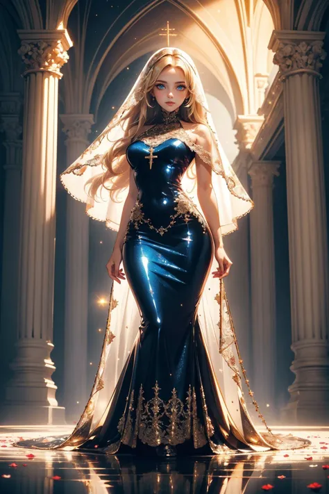 (masterpiece:1.2), (best quality), (detailed skin:1.2), (intricate details), (cinematic lighting), (sharp focus), highly detailed, high budget, epic, gorgeous, (finely detailed beautiful eyes, long blonde hair:1.2),
1girl, dynamic angle, looking at viewer, wonderful woman, most beautiful, star of the night, glow, glowing, sparkle, sparkling, glitter, <lora:wrenchrosettebloom:0.7> wrenchrosettebloom, full body, <lora:mirrornun-noise:0.4> mirrornun, transparent veil, sacred church background