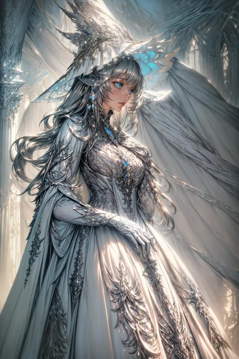 (masterpiece, best quality, detailed, intricate, limited palette, glowing), fantasy, fairytale, oil painting, luminous (solo), dynamic angle, woman, frilled dress, frills, (silver \(metal\) dress), (white mage robe), (edgWHM), full moon, moonlight, hat, gloves, stockings <lora:wrenchsilverserenade:0.4> <lora:edgWhiteMage_MINI:1.0>