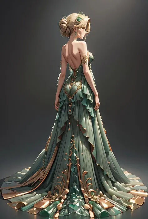 (masterpiece, best quality), 1girl, Butterscotch Blonde Pinned-Back Curls with Gem Hair Clip, Size H breasts, <lora:wrenchjadeluxe:0.8> wrenchjadeluxe, gown