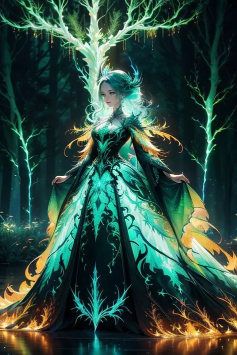 ultra detailed, sharp focus, best quality, masterpiece, colorful, 1 woman, full body shot, dark forest, electricity, green lighting, masterpiece, intricate details, <lora:wrenchfaeflare:0.80> wrenchfaeflare, glowing, embroidery, accessories, jewelry, lightning, green dress