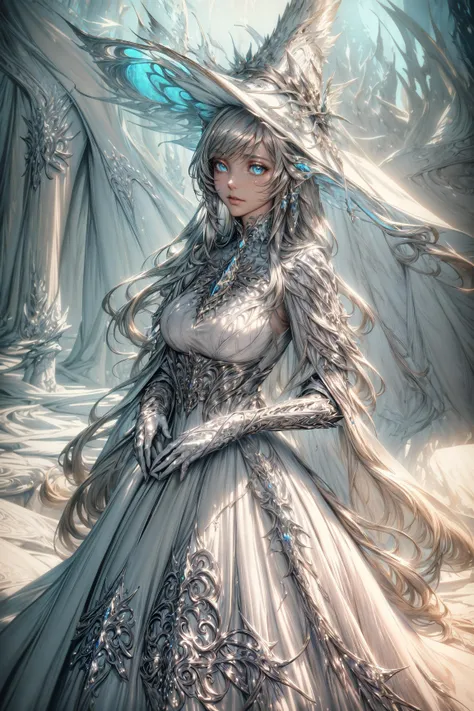 (masterpiece, best quality, detailed, intricate, limited palette, glowing), fantasy, fairytale, oil painting, luminous (solo), dynamic angle, woman, frilled dress, frills, (silver \(metal\) dress), (white mage robe), (edgWHM), full moon, moonlight, hat, gloves, stockings <lora:wrenchsilverserenade:0.4> <lora:edgWhiteMage_MINI:1.0>