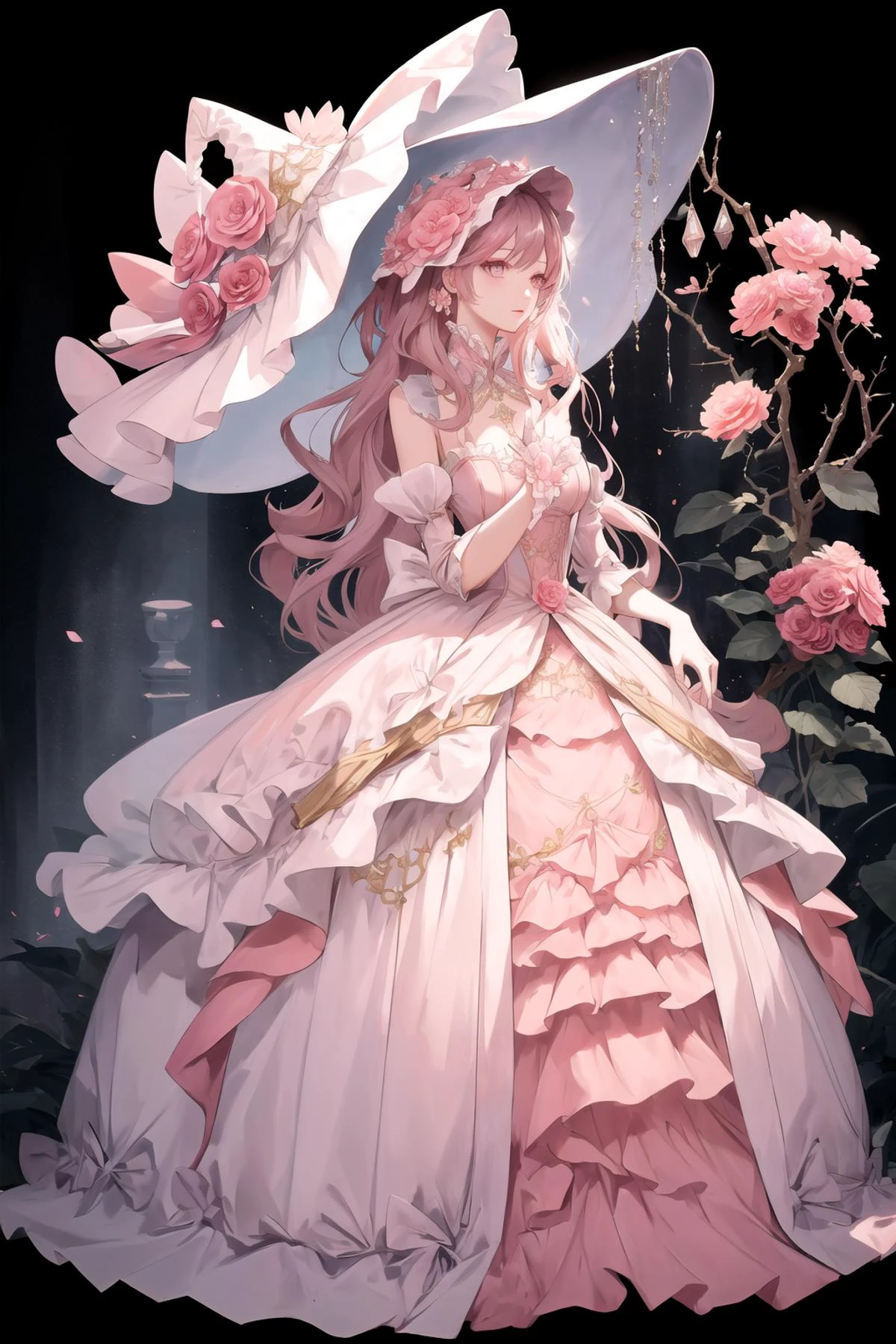 best quality, 1girl, <lora:wrenchrococodome:1>, wrenchrococodome, pink dress, hat, hat flower, full body
