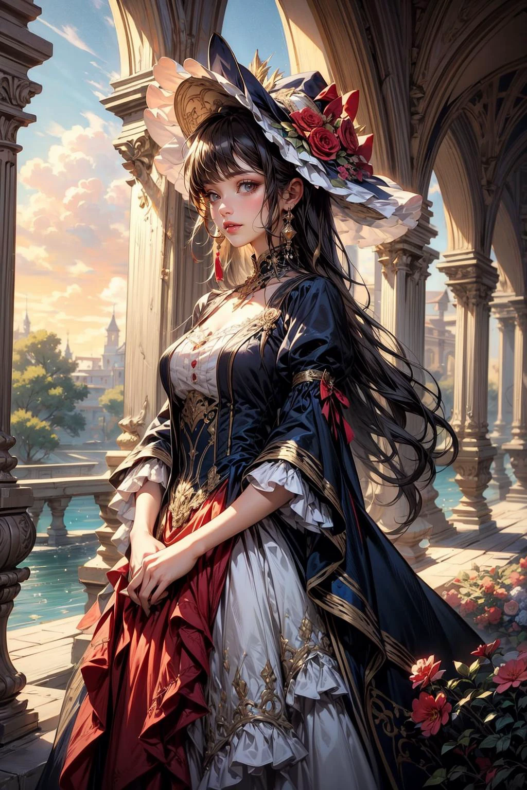 (masterpiece:1.1), (best quality:1.1), (detailed:1.0), (aesthetic:1.1), (vibrant colors:1.2), BREAK,
(art nouveau:1.0), (aristocratic:1.0), (rococo:1.0), BREAK,
(wide shot:1.0), (solo:1.2), (princess:1.1), (frilled dress:1.0), (hat flower:1.0), (hat:1.0), (surrounded by flowers:1.1), (smiling:1.0), (joyful:1.0), <lora:wrenchrococodome:1.0>, BREAK,
(outdoors:1.0), (sunset:1.0), (garden:1.0), (flowers:1.2),