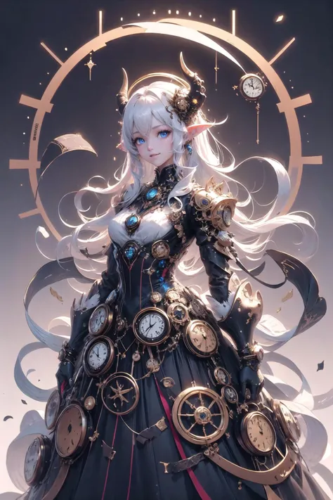 <lora:wrenchclockworkcharm:1>, wrenchclockworkcharm, long hair, gown, solo, giggling, simple background, (blue dress:1.2), layered dress, white hair, blue eyes, pointy ears, hair ornament, embroidery, cowboy shot, demon girl, horns, demon tail, demon wings, <lora:wrenchsmechs:1>, wrenchsmechs, glowing, blue mecha, halo, mechanical wings, long hair,