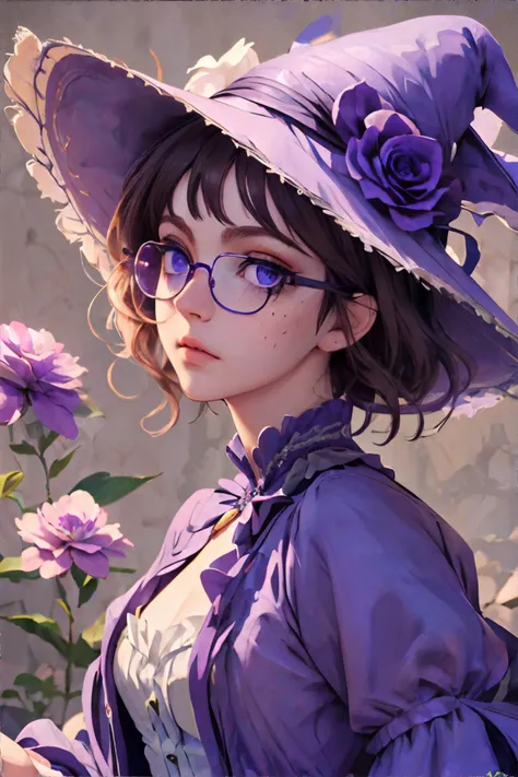 <lora:arcengowns-rococodome:0.7>, wrenchrococodome, hat, hat flower, embroidery, <lora:bzl:0.8>, bzl_test wearing purple gown, short brown hair, (grey|blue) eyes, glasses, (freckles:0.4), simple background || skin, hair, clothing, masterpiece, 8k, high resolution, shallow depth of field, sharp focus