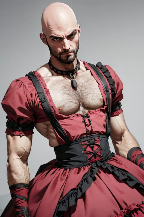 1 man, muscular man, long black beard, <lora:BaldifierW2:2> bald, <lora:wrenchlogown:1> wrenchlogown pink dress, embroidery, frills